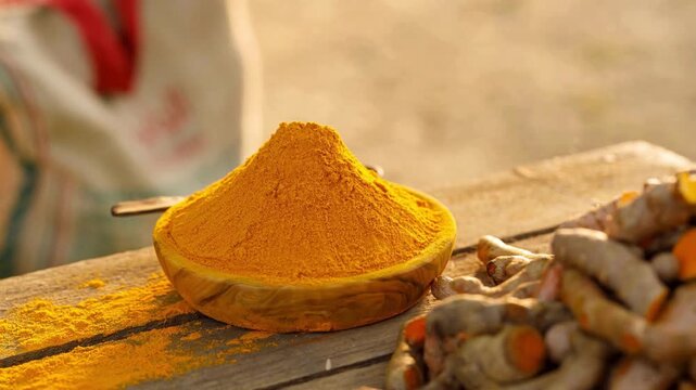 Turmeric powder in wooden bowl, fresh raw turmeric roots on rustic table, vibrant orange spice for healthy cooking and herbal medicine