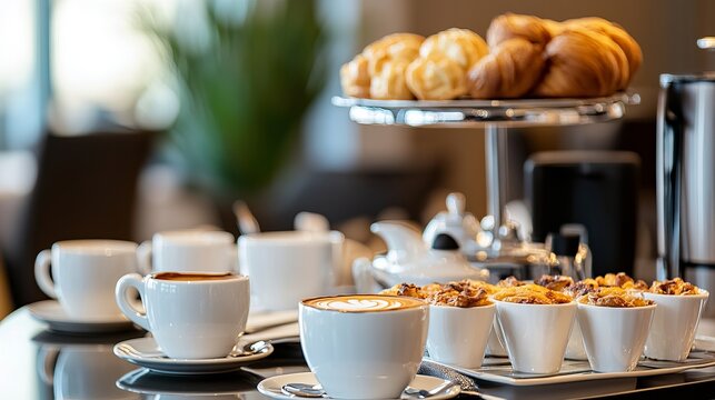 A beautifully arranged breakfast spread with coffee and pastries in a modern setting