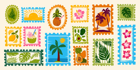 Obraz premium Tropical beach stamps set with summer cocktails. Vector illustration of vintage postcard patterns with fruit drinks, beach palm tree, flowers and sun, hand drawn vacation prints, retro travel stickers