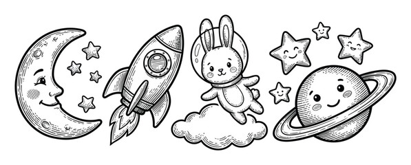 Cute hand-drawn space featuring a bunny astronaut, rocket ship, smiling moon, and saturn planet © ThephotoLab