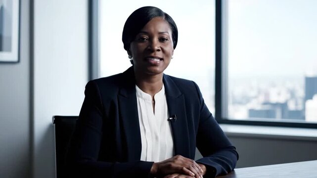 Professional African American Business Woman in Suit Giving an Interview or Addressing the Camera in a Modern High Rise Office