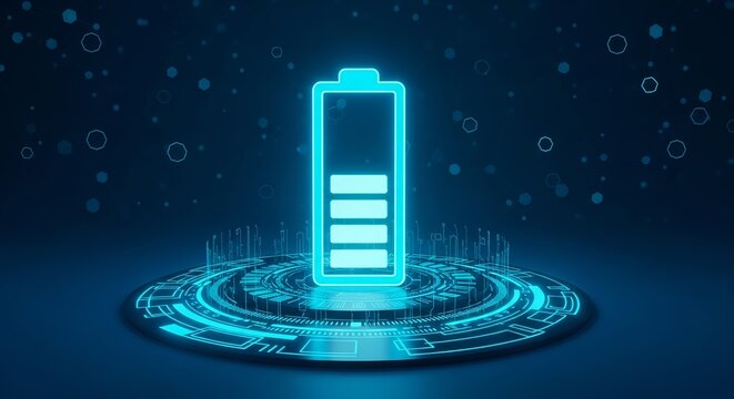 Battery icon holographic projection glowing on a futuristic circular digital platform with blue background elements and advanced technological data visualization