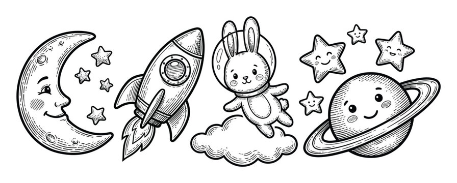 Cute hand-drawn space featuring a bunny astronaut, rocket ship, smiling moon, and saturn planet