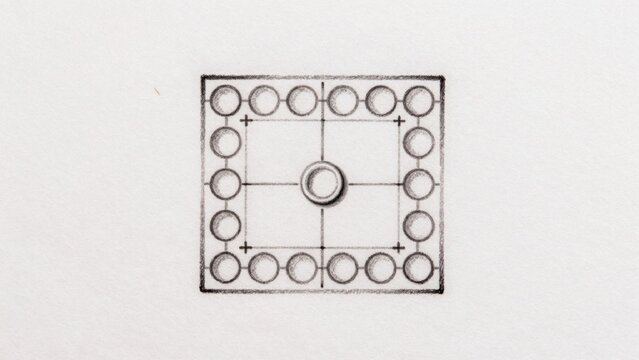 Black-and-white drawing plain white surface which appears piece paper rough textured center there square centr