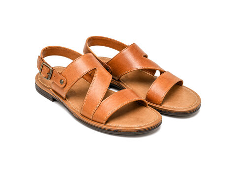 Brown leather sandals isolated on white background.