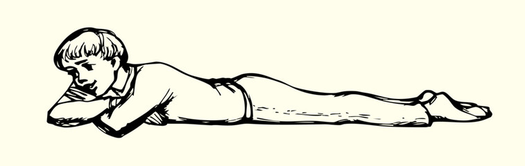 Obraz premium Vector drawing. Boy on the floor