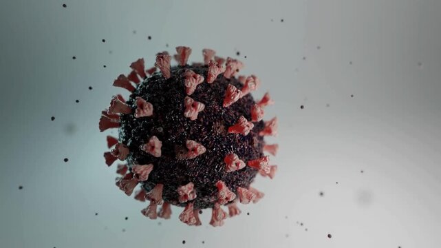 Microscopic coronavirus cell with red protein spikes, 3D medical illustration of covid-19 virus particle, scientific visualization of infectious pathogen