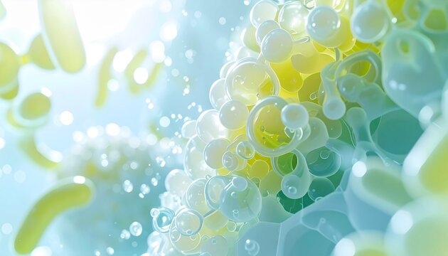 発酵美容と腸内環境改善をイメージした善玉菌サイエンスCG、マイクロバイオーム研究をテーマにした抽象素材 ジェネレーティブAI