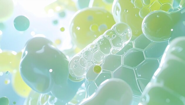 さまざまな乳酸菌が漂う腸内フローライメージ、善玉菌とプロバイオティクスを表現した美容科学背景 ジェネレーティブAI