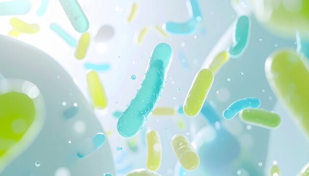 善玉菌が活発に働く腸内環境をイメージした美容科学CG、プロバイオティクスと発酵美容を表現した背景素材 ジェネレーティブAI