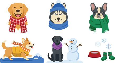 Fototapeta premium Winter Dog Collection with Cozy Puppy Scarves, Snowy Pet Characters, and Seasonal Cold Weather Moments in Cartoon Vector Illustration Style