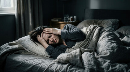 Fototapeta premium Woman Suffering From a Headache or Migraine Lying In Bed Wrapped In Blanket