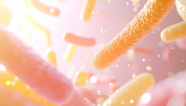 乳酸菌や美容菌が共生するマイクロバイオームを表現した先進的な生命科学イメージ。パステルピンクとイエローが印象的な腸内環境コンセプトで、健康食品や美容業界の広告背景に最適 ジェネレーティブAI