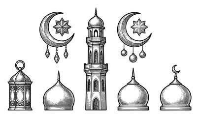Hand-drawn islamic set featuring mosque minarets, domes, lanterns, and crescent moons for ramadan and eid celebrations © ThephotoLab