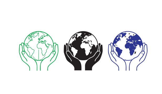 Hands Holding Earth Globes: A triptych of stylized hands cradles Earth globes in green, black, and blue, symbolizing global care and environmental protection.