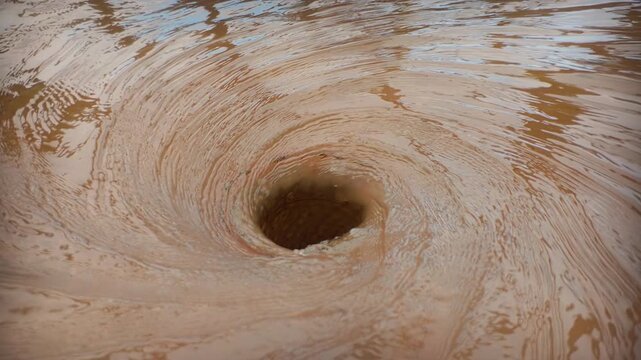 Close-up of storm drain catch basin with surface drain and powerful whirlpool. Large stream of water swirls down into big drain hole. Water flows in spirals into massive drainage system