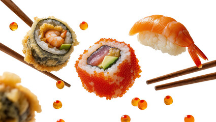 Tempura shrimp roll salmon nigiri, and California roll with tobiko © Isolde