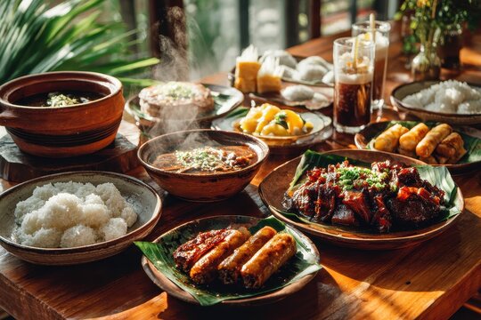 Warm, vibrant presentation of Filipino meals with halo-halo dessert and rice dishes for a festive table