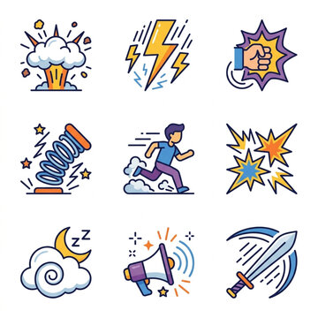 Pixel Art Icons Representing Action and Sound Effects.