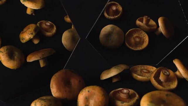 Freshly picked wild orange milkcap mushrooms, also known as Lactarius deliciosus, rotating in a captivating loop with dramatic lighting on a dark surface, highlighting their texture