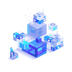 Naklejka premium Connected cube network with distributed modules and small user figures, visualizing decentralized computing, data exchange, scalable architecture and futuristic digital platforms.