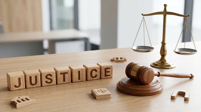 Wooden cubes spelling &ldquo;JUSTICE&rdquo; beside a gavel and scales of justice on wooden desk, fairness and judicial system concept