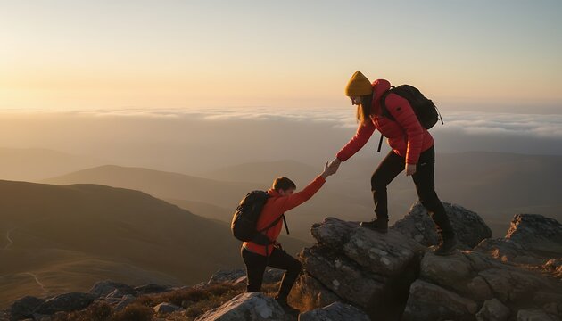 Two dedicated hikers demonstrate teamwork by helping each other climb rugged mountain terrain at dawn