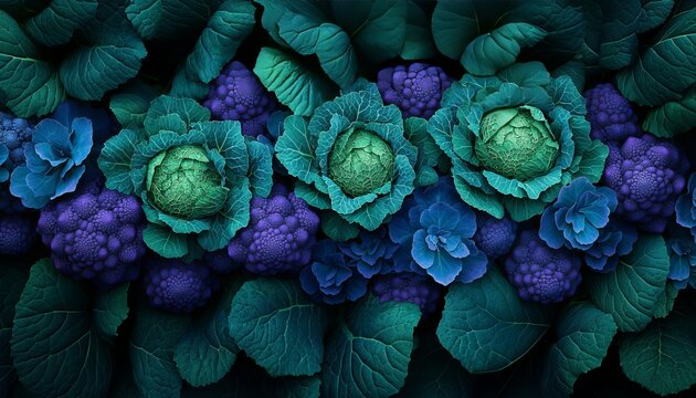 Cabbage Patch Symphony Textural Depth and Natural Patterns in Vibrant Purple and Green Brassicas