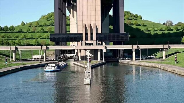 Static close view of cargo barge entering boat lift lock chamber with hull filling narrow caisson channel between concrete walls. Vessel entry with water displacement and crew visible on deck in