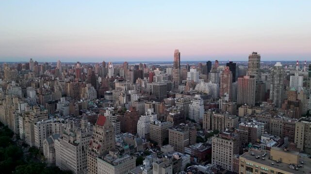 Stunning aerial view of upper west side and central park south buildings in manhattan new york city at dusk.