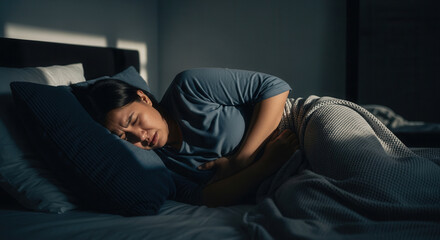 Obraz premium Woman Suffering From Abdominal Pain in Bed, Expressing Discomfort and Distress