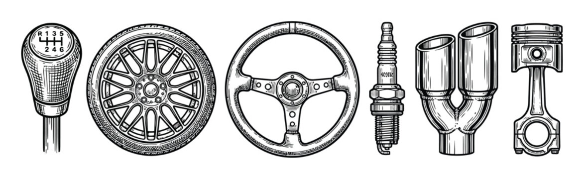 Set of hand-drawn automotive parts including steering wheel, gear shift, wheel, spark plug, exhaust pipe, and engine piston