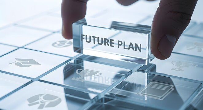 Hand Holding Future Plan Block on Glass Board