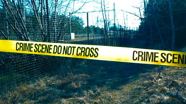 Yellow police tape reading crime scene do not cross marking off a restricted area near a wire fence and a wooded path, cordoning off the site of an ongoing investigation