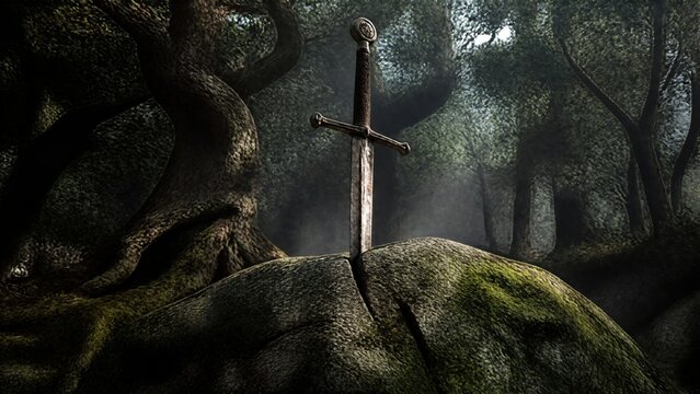  A medieval longsword thrust into a crack in mossy stone. 