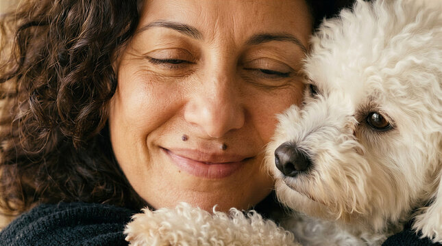 Close-up of a 50-year-old Mediterranean woman with olive-tan skin, dark curly hair, and a small beauty mark, as a fluffy white Bolognese dog presses its cheek to hers and whines softly with happiness.