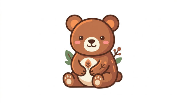 Cute cartoon brown bear sitting with leaves.