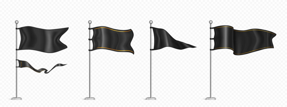 Realistic set of black flags on steel poles isolated on transparent background. Vector illustration of textile pennant waving in wind, royal banner with golden line, luxury fabric sign for branding