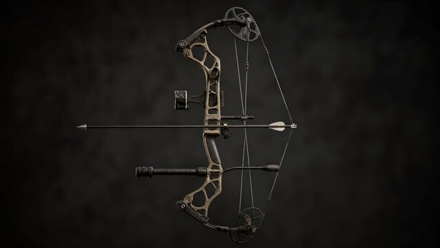  Drawn compound bow with taut string and arrow, side view on dark background. 