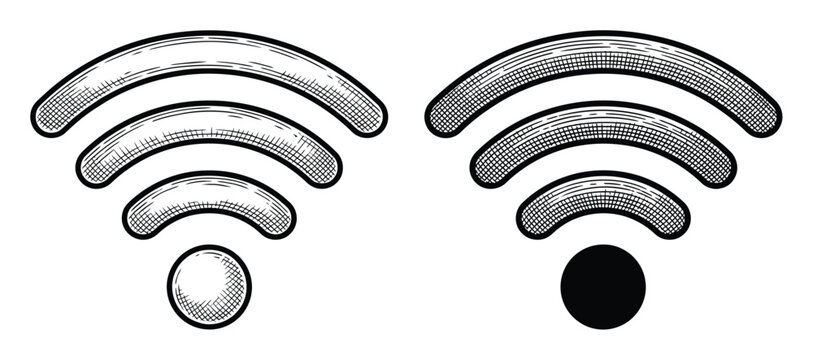 Two stylized wi-fi signal with different shading and fill patterns in a vintage engraving style