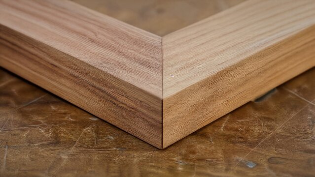  Two wooden boards joined at a precise angle, showcasing the seam and wood grain. 