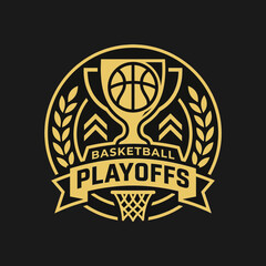 Obraz premium Elegant Gold Basketball Playoffs Logo Design Showcasing Championship Trophy and Sport Elements
