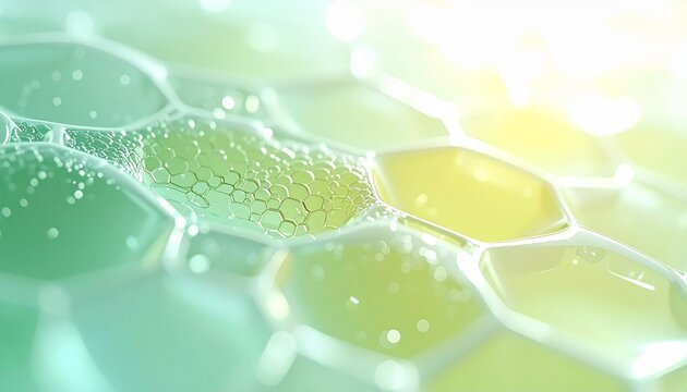 保湿美容液の浸透イメージ、透明感あふれる美容成分と細胞構造の背景素材 ジェネレーティブAI