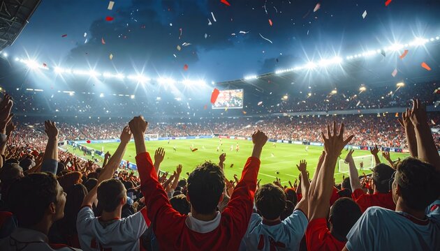 Excited Soccer Fans Cheering in Stadium with Confetti and Lights