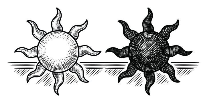 Vintage engraving style of two suns with different shading patterns on a horizon line