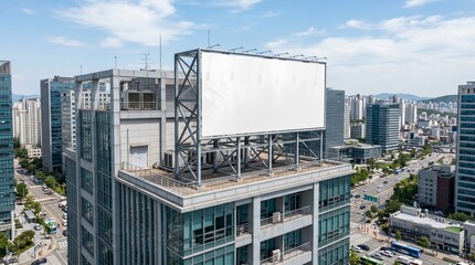 Obraz premium Aerial view of a city with a large blank billboard on a skyscraper
