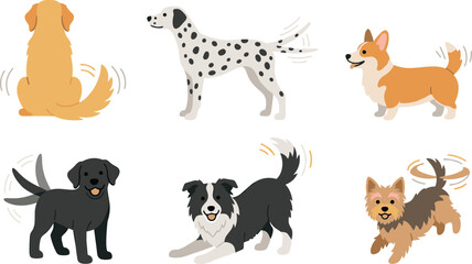 Obraz premium Dog Breed Movement Collection with Tail Wagging Canine Poses, Playful Pet Actions, and Cute Cartoon Dog Characters in Vector Illustration Style