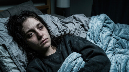 Fototapeta premium Woman Suffering From Exhaustion Lying in Bed, Facing the Reality of Sleeplessness
