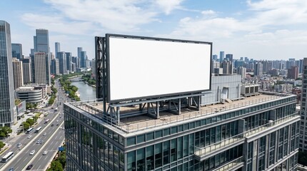 Obraz premium A large blank billboard on top of a modern city building with a busy road and skyline