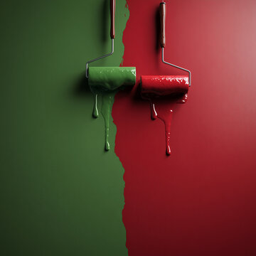 Farbroller mit gr&uuml;ner und roter Farbe auf geteilter Fl&auml;che. Kreatives Konzept f&uuml;r Renovierung, Farbgestaltung, Design, Ver&auml;nderung und kreative Projekte mit Copyspace.